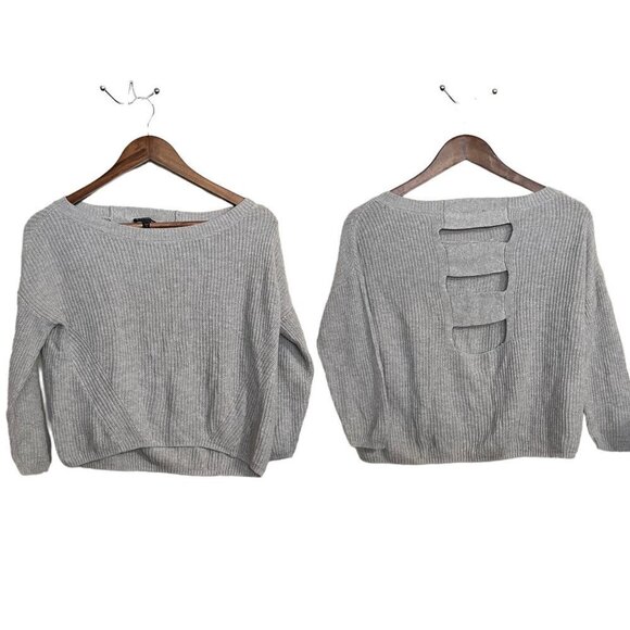Express Womens Gray Knit Ribbed 3/4 Sleeve Cropped Cut Out Back Sweater Small - Picture 1 of 6